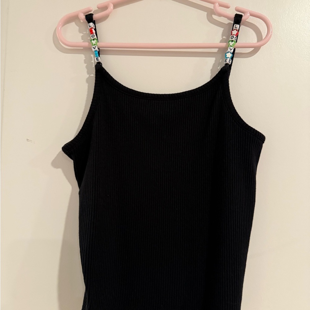 Black Ribbed Tank Top with Beaded Straps